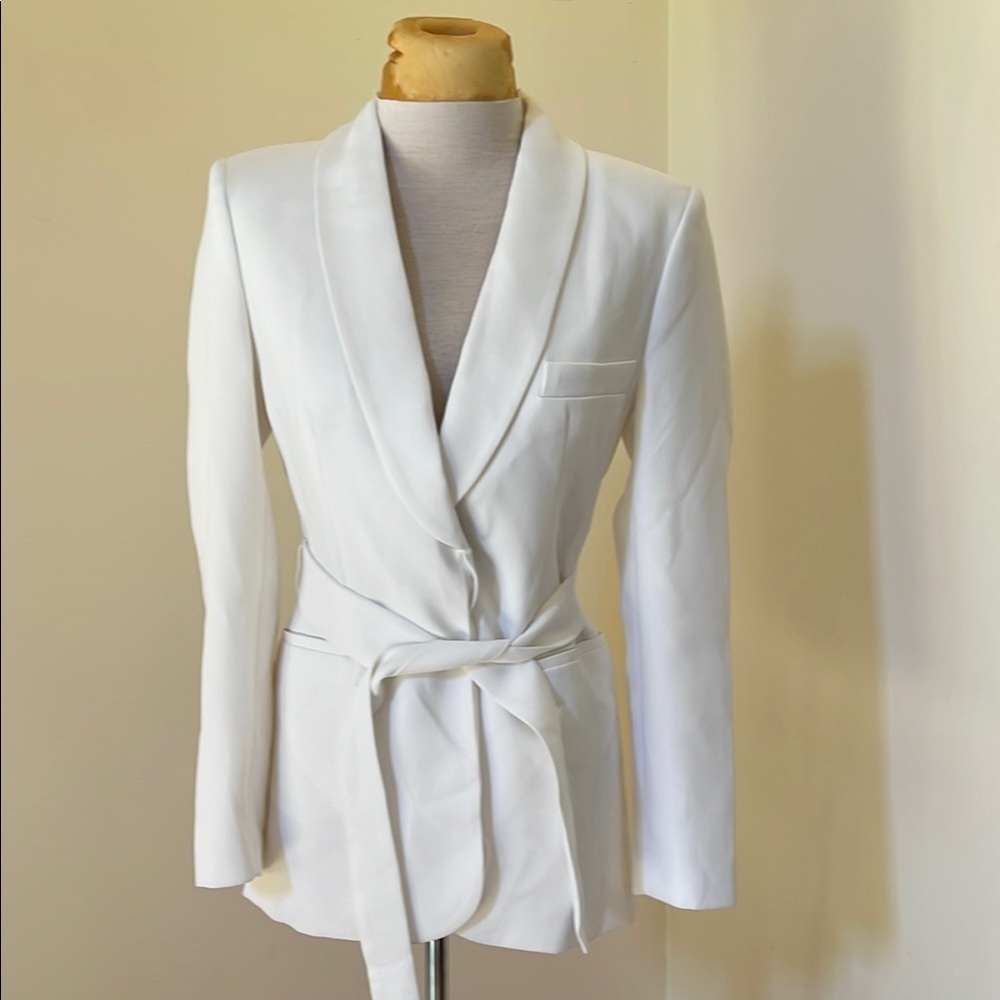 Zara XS ecru belted tuxedo jacket.